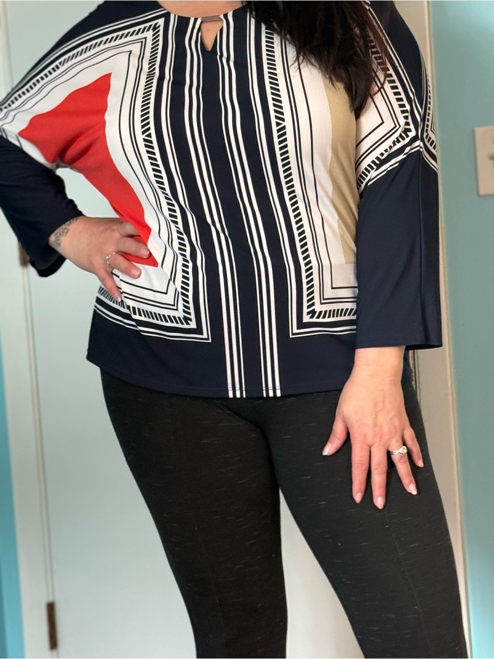 Chico's Black and White Striped Keyhole Blouse size 3XL